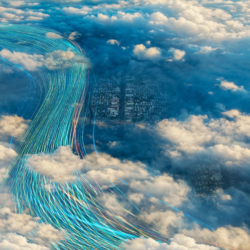 Aerial view of city and network cabling