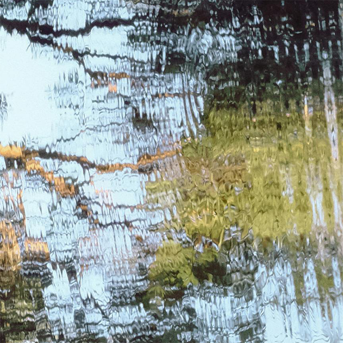Abstract reflection of trees and sky rippling on water, creating a textured, painterly pattern.